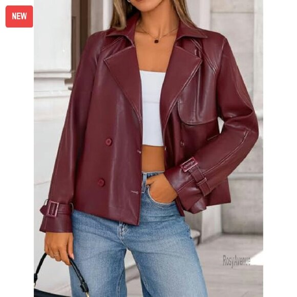 Oversized Faux Leather Motorcycle Jacket, Button Front, Moto Style - Picture 3 of 7